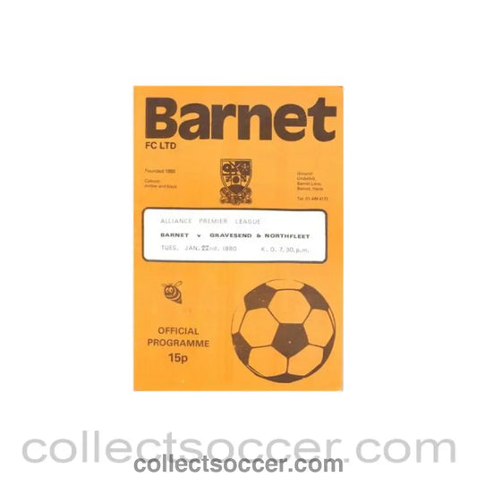 1980 - Barnet v Gravesend & Northfleet official programme 22/01/1980 Alliance Premier League