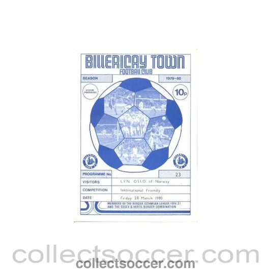 1980 - Billericay Town v Lyn Oslo Norway official programme 28/03/1980 International Friendly