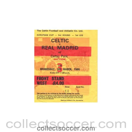 1980 - Celtic v Real Madrid ticket 05/03/1980 European Cup