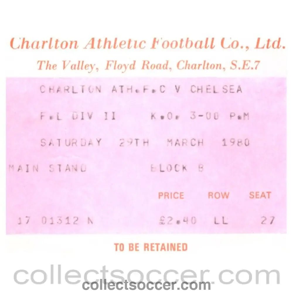 1980 Charlton v Chelsea Football Ticket - Collect Soccer