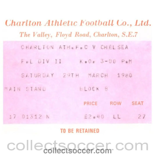 1980 Charlton v Chelsea Football Ticket - Collect Soccer