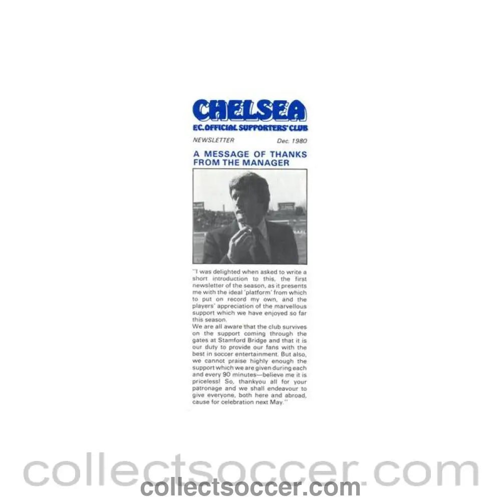 1980 - Chelsea FC Official Supporters' Club Newsletter of December 1980 - Collect Soccer