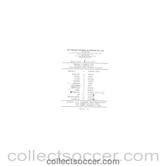 1980 - Chelsea v Cardiff City Reserves official teamsheet 23/02/1980 Football Combination - Collect Soccer