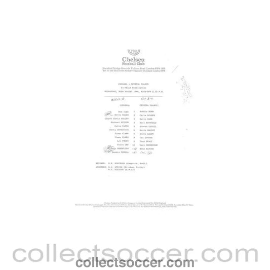 1980 - Chelsea v Crystal Palace Reserves official teamsheet 20/08/1980 Football Combination - Collect Soccer