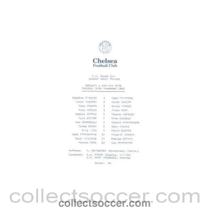 1980 - Chelsea v Ipswich Town official programme 24/11/1980 F.A. Youth Cup - Collect Soccer