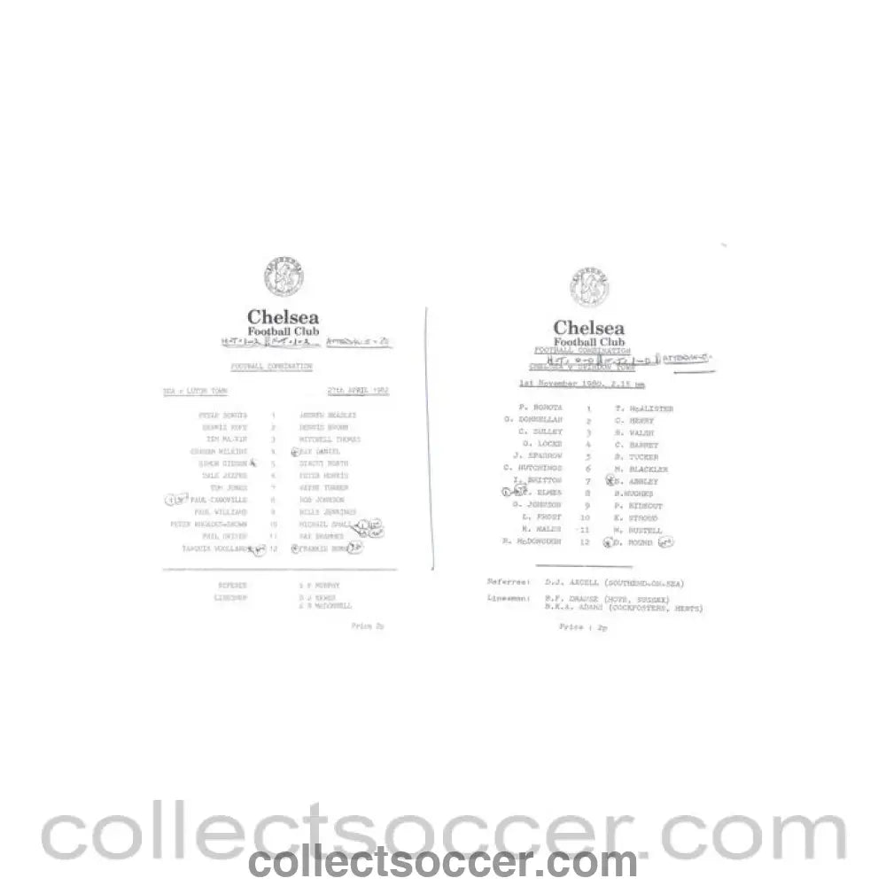 1980 - Chelsea v Luton 27/04/1982 and Chelsea v Swindon 01/11/1980 Reserves official teamsheet Football Combination - Collect Soccer
