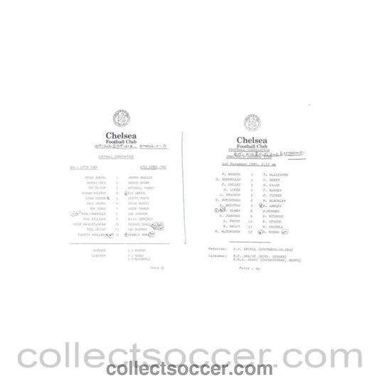 1980 - Chelsea v Luton 27/04/1982 and Chelsea v Swindon 01/11/1980 Reserves official teamsheet Football Combination - Collect Soccer