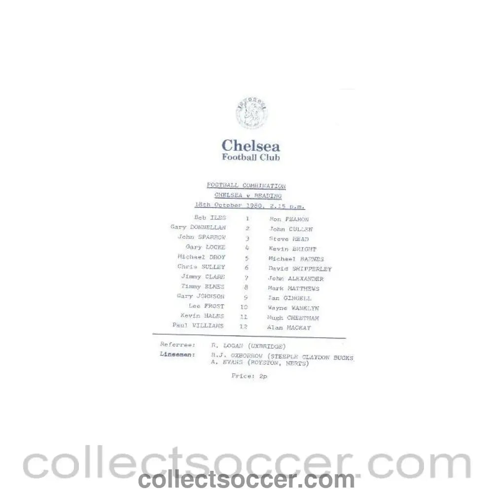 1980 - Chelsea v Reading official programme 18/10/1980 Reserves - Collect Soccer