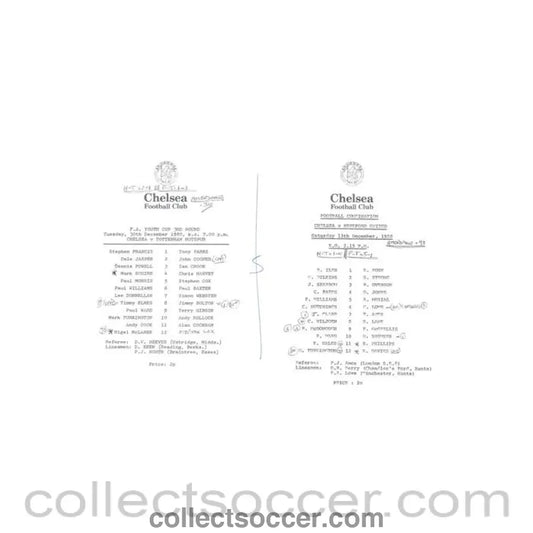 1980 - Chelsea v Tottenham Hotspur 30/12/1980 and Chelsea v Hereford 13/12/1980 Reserves official teamsheet Football Combination - Collect Soccer
