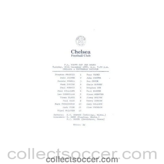 1980 - Chelsea v Tottenham Hotspur official programme 30/12/1980 Youth Cup