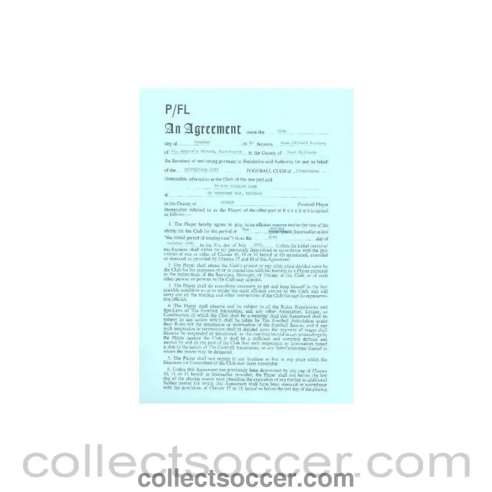 1980 - Contract For Hire of a Player between Birmingham City F.C. and Trevor Charles Dark of 24/10/1980
