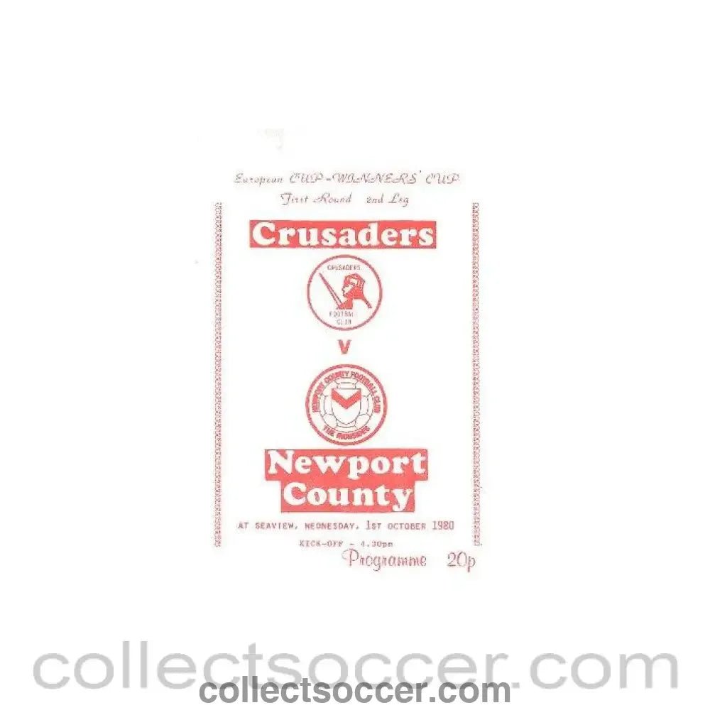1980 - Crusaders v Newport County official programme 01/10/1980 European Cup Winners Cup - Collect Soccer