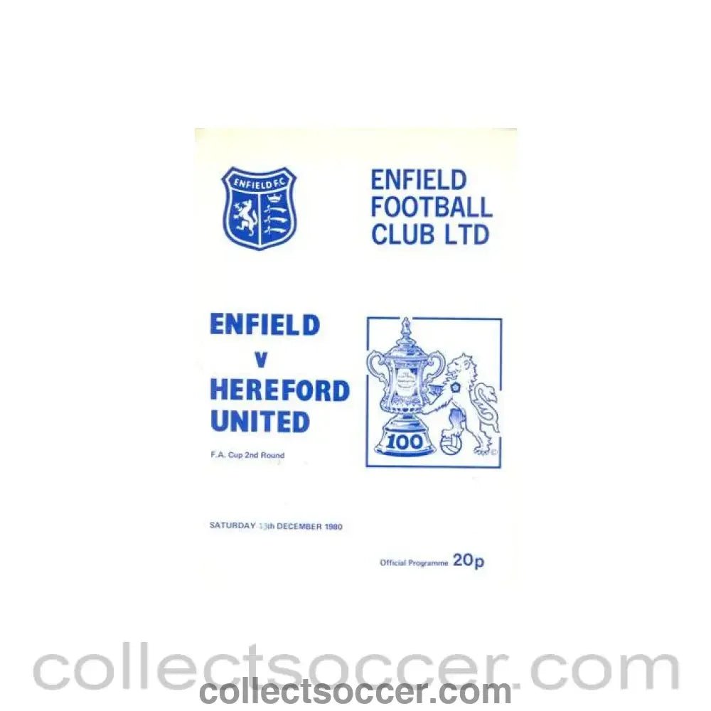1980 - Enfield v Hereford United official programme 13/12/1980 F.A. Cup - Collect Soccer