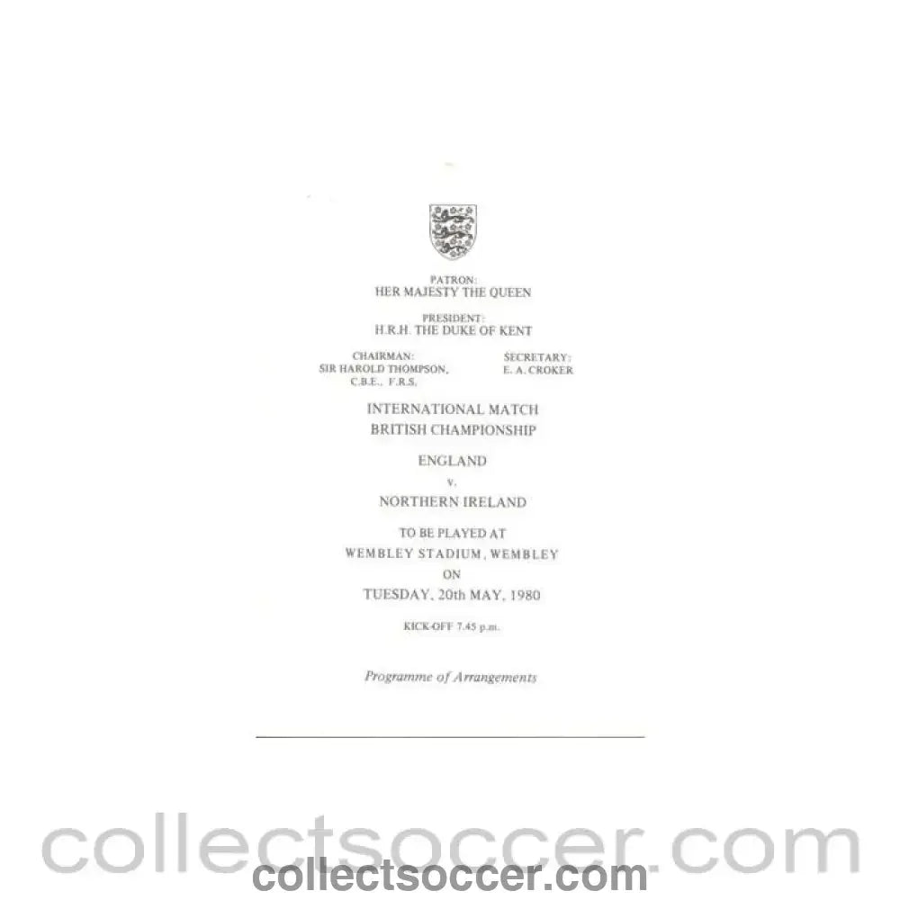 1980 England v Northern Ireland programme of arrangements Royal Box - Collect Soccer
