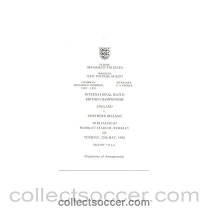 1980 England v Northern Ireland programme of arrangements Royal Box - Collect Soccer