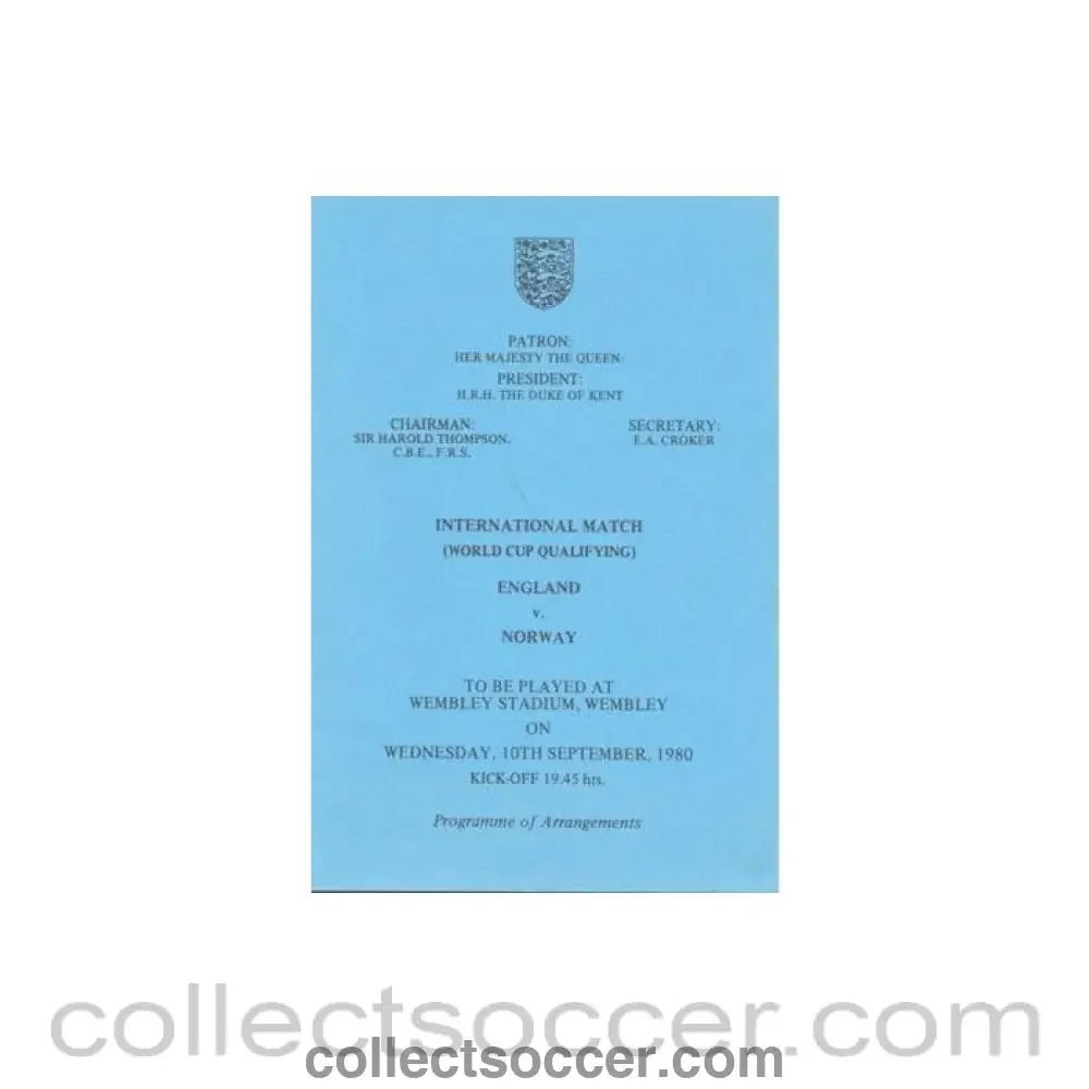 1980 England v Norway programme of arrangements Royal Box - Collect Soccer