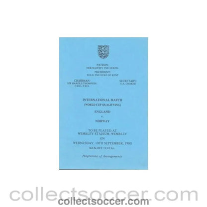 1980 England v Norway programme of arrangements Royal Box - Collect Soccer