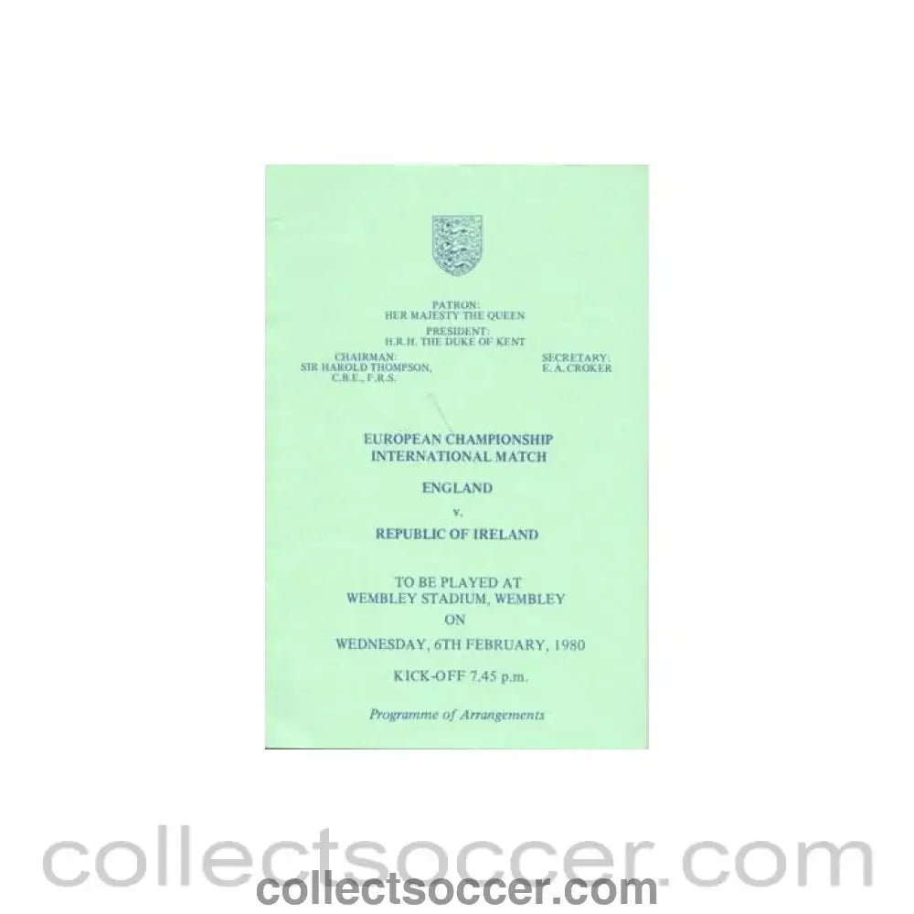1980 England v Republic of Ireland programme of arrangements Royal Box - Collect Soccer