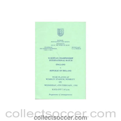 1980 England v Republic of Ireland programme of arrangements Royal Box - Collect Soccer