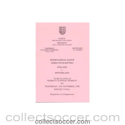 1980 England v Switzerland programme of arrangements Royal Box - Collect Soccer