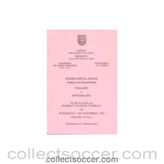 1980 England v Switzerland programme of arrangements Royal Box