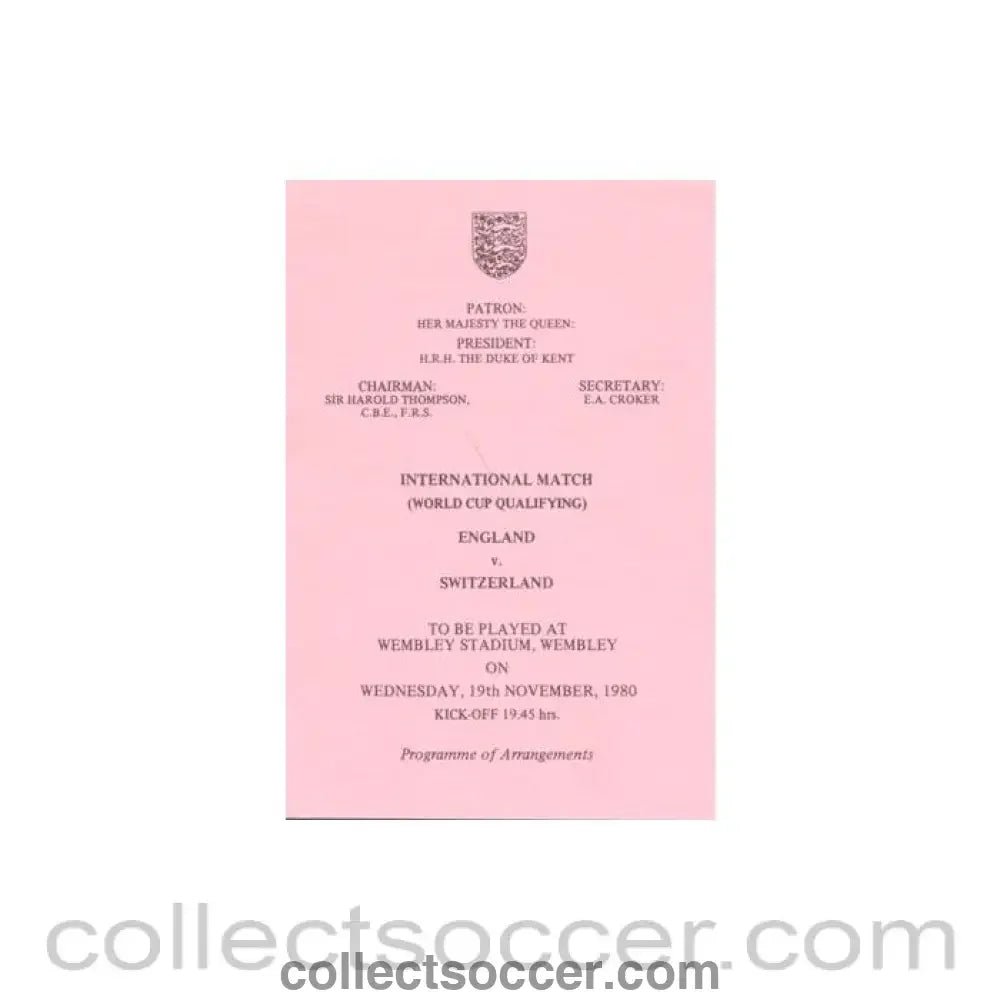 1980 England v Switzerland programme of arrangements Royal Box - Collect Soccer