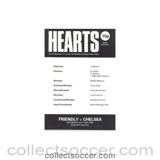 1980 - Heart of Midlothian vChelsea Friendly Match official programme 26/07/1980 - Collect Soccer
