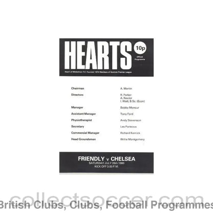 1980 - Heart of Midlothian vChelsea Friendly Match official programme 26/07/1980