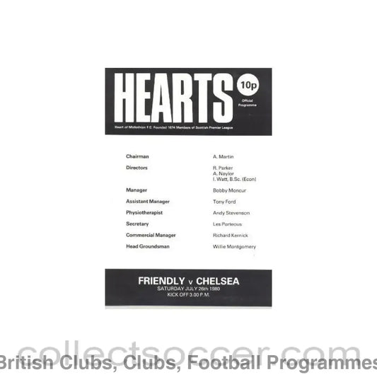 1980 - Heart of Midlothian vChelsea Friendly Match official programme 26/07/1980