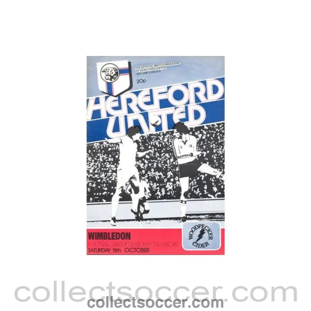 1980 - Hereford United v Wimbledon official programme 18/10/1980 Football League - Collect Soccer
