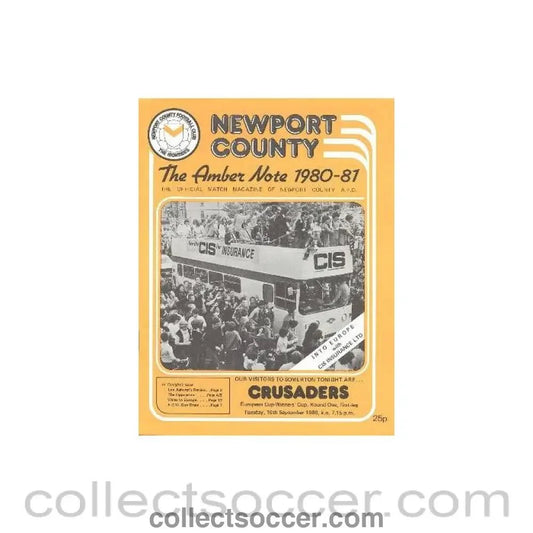 1980 - Newport County v Crusaders official programme 16/09/1980 European Cup Winners Cup - Collect Soccer