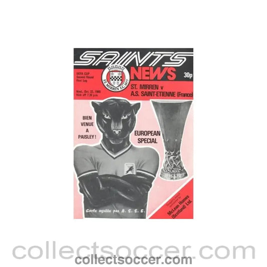 1980 - St. Mirren v Saint - Etienne official programme 22/10/1980 UEFA Cup - Collect Soccer