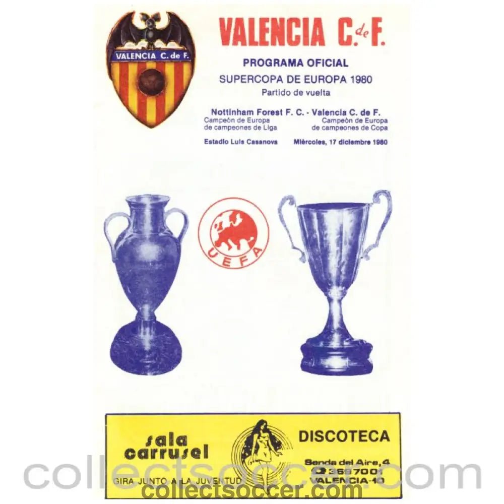 1980 Super Cup Official Programme 2nd Leg Valencia v Nottingham Forest - Collect Soccer