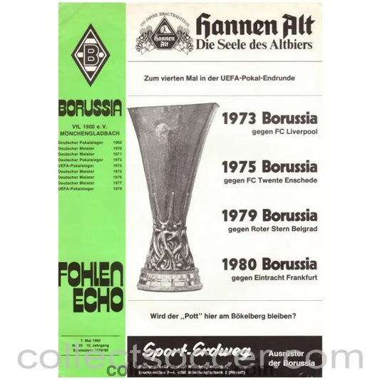 1980 UEFA Cup Final Official Programme Borussia Monchengladbach v Eintracht Frankfurt - Collect Soccer