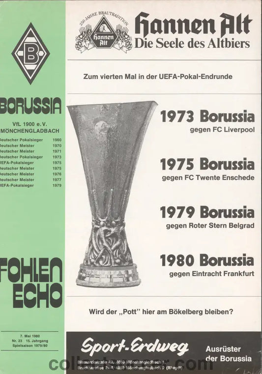 1980 UEFA Cup Final Programme Borussia Monchengladbach Germany v Eintracht Official Programme 07/05/1980