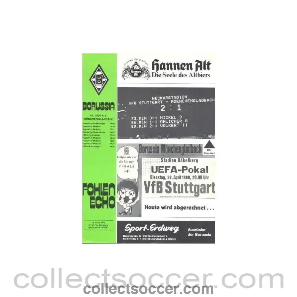 1980 UEFA Cup Semi - Final Borussia Monchengladbach, Germany v Stuttgart, Germany official programme 22/04/1980 - Collect Soccer