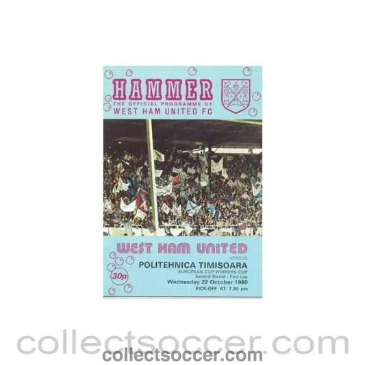 1980 - West Ham United v Politehnica Timisoara, Romania official programme 22/10/1980 European Cup Winners Cup - Collect Soccer