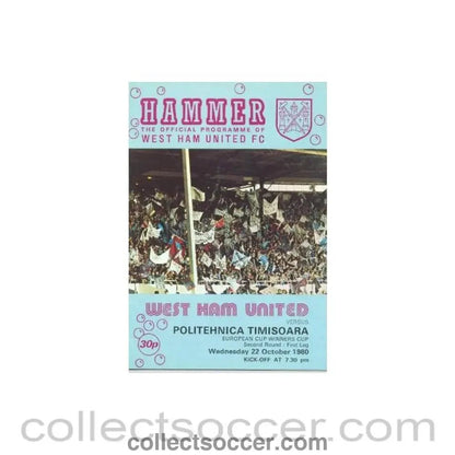 1980 - West Ham United v Politehnica Timisoara, Romania official programme 22/10/1980 European Cup Winners Cup - Collect Soccer