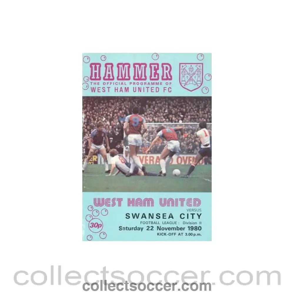 1980 - West Ham United v Swansea City official programme 22/11/1980 Football League - Collect Soccer