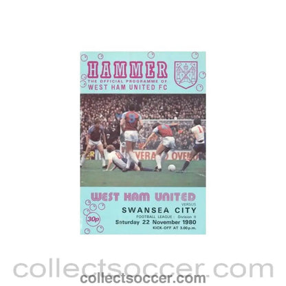 1980 - West Ham United v Swansea City official programme 22/11/1980 Football League - Collect Soccer