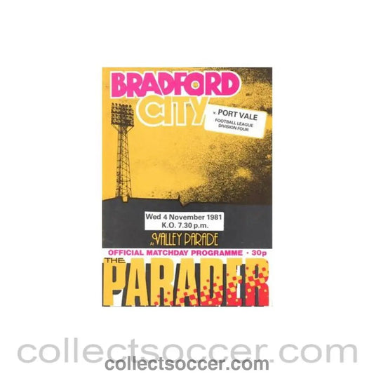 1981 - Bradford City v Port Vale official programme 04/11/1981 Football League - Collect Soccer