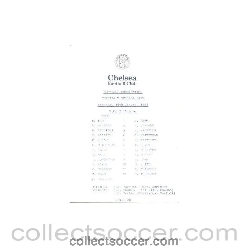 1981 - Chelsea v Bristol City official programme 10/01/1981 Reserves