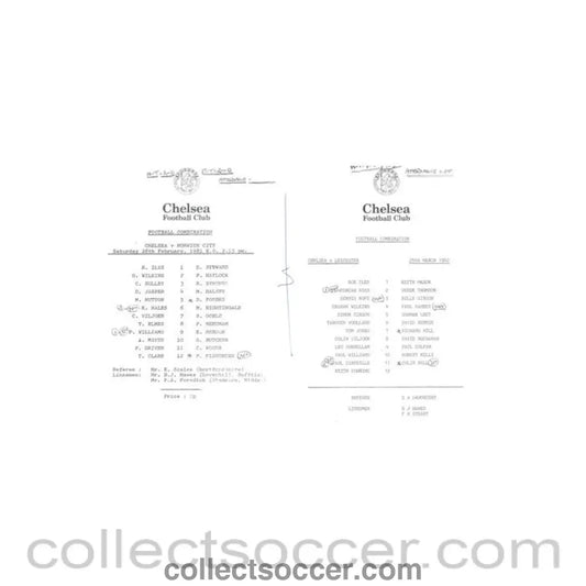 1981 - Chelsea v Norwich 28/02/1981 and Chelsea v Leicester 25/03/1982 Reserves official teamsheet Football Combination - Collect Soccer