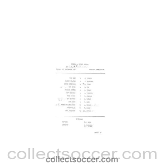1981 - Chelsea v Oxford United Reserves official teamsheet 01/09/1981 Football Combination - Collect Soccer