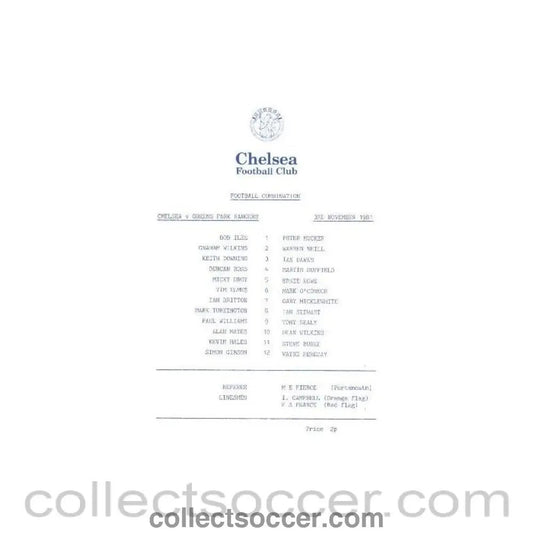 1981 - Chelsea v Queen's Park Rangers official programme 03/11/1981 Reserves - Collect Soccer