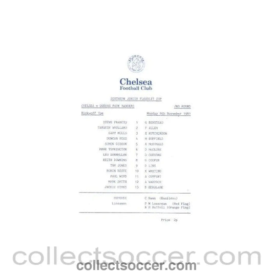 1981 - Chelsea v Queen’s Park Rangers official programme 09/11/1981 Juniors Cup