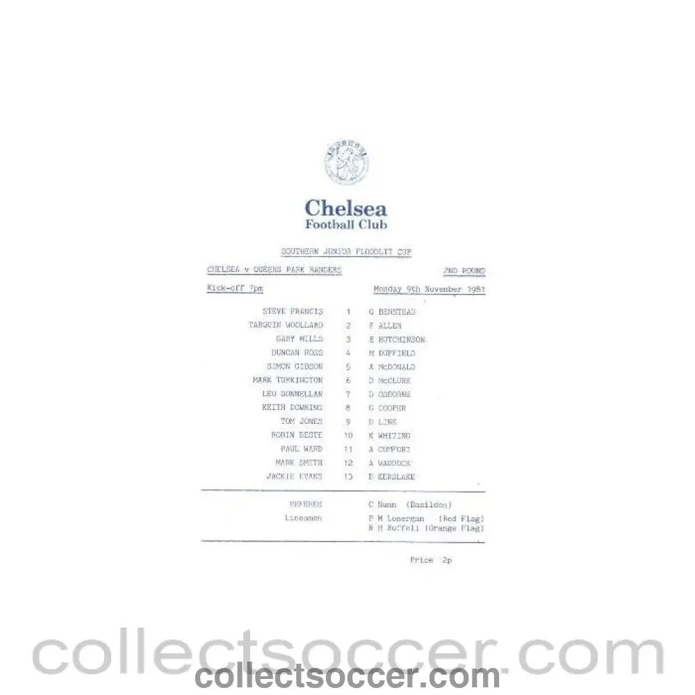 1981 - Chelsea v Queen's Park Rangers official programme 09/11/1981 Juniors Cup - Collect Soccer