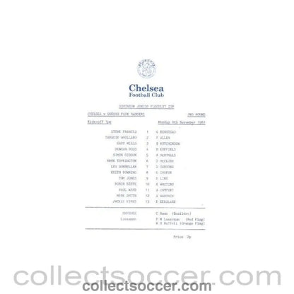 1981 - Chelsea v Queen's Park Rangers official programme 09/11/1981 Juniors Cup - Collect Soccer