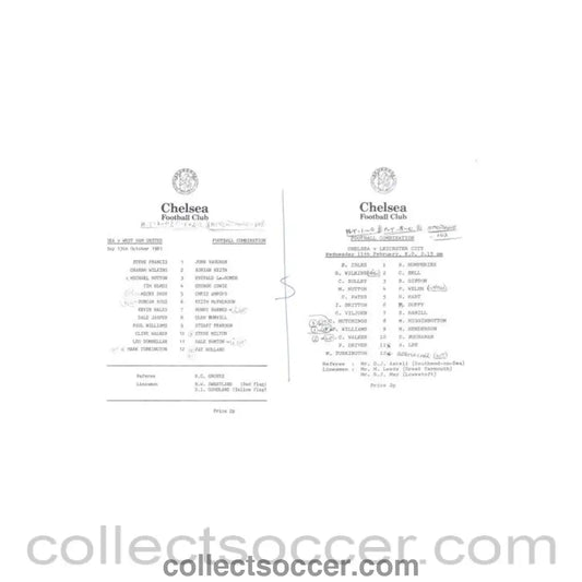 1981 - Chelsea v West Ham United 13/10/1981 and Chelsea v Leicester 11/02/1982 Reserves official teamsheet Football Combination - Collect Soccer