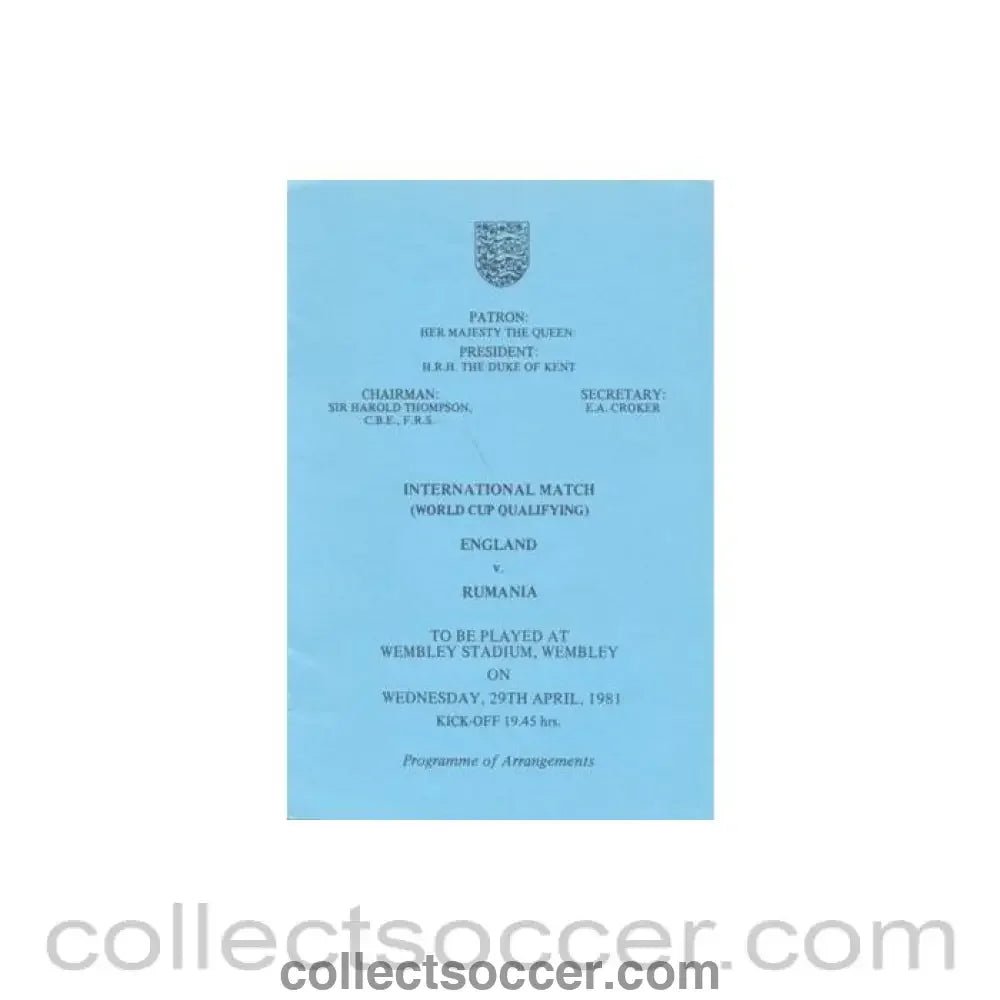 1981 England v Rumania programme of arrangements Royal Box - Collect Soccer